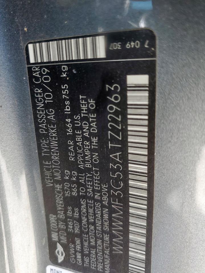 2010 Mini Cooper VIN: WMWMF3C53ATZ22963 Lot: 84056975