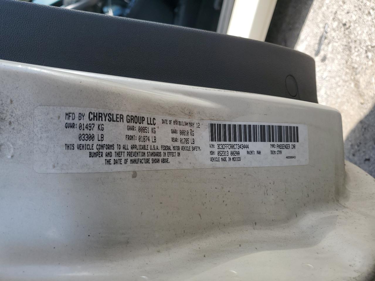 2012 Fiat 500 Lounge VIN: 3C3CFFCR0CT343444 Lot: 69882935