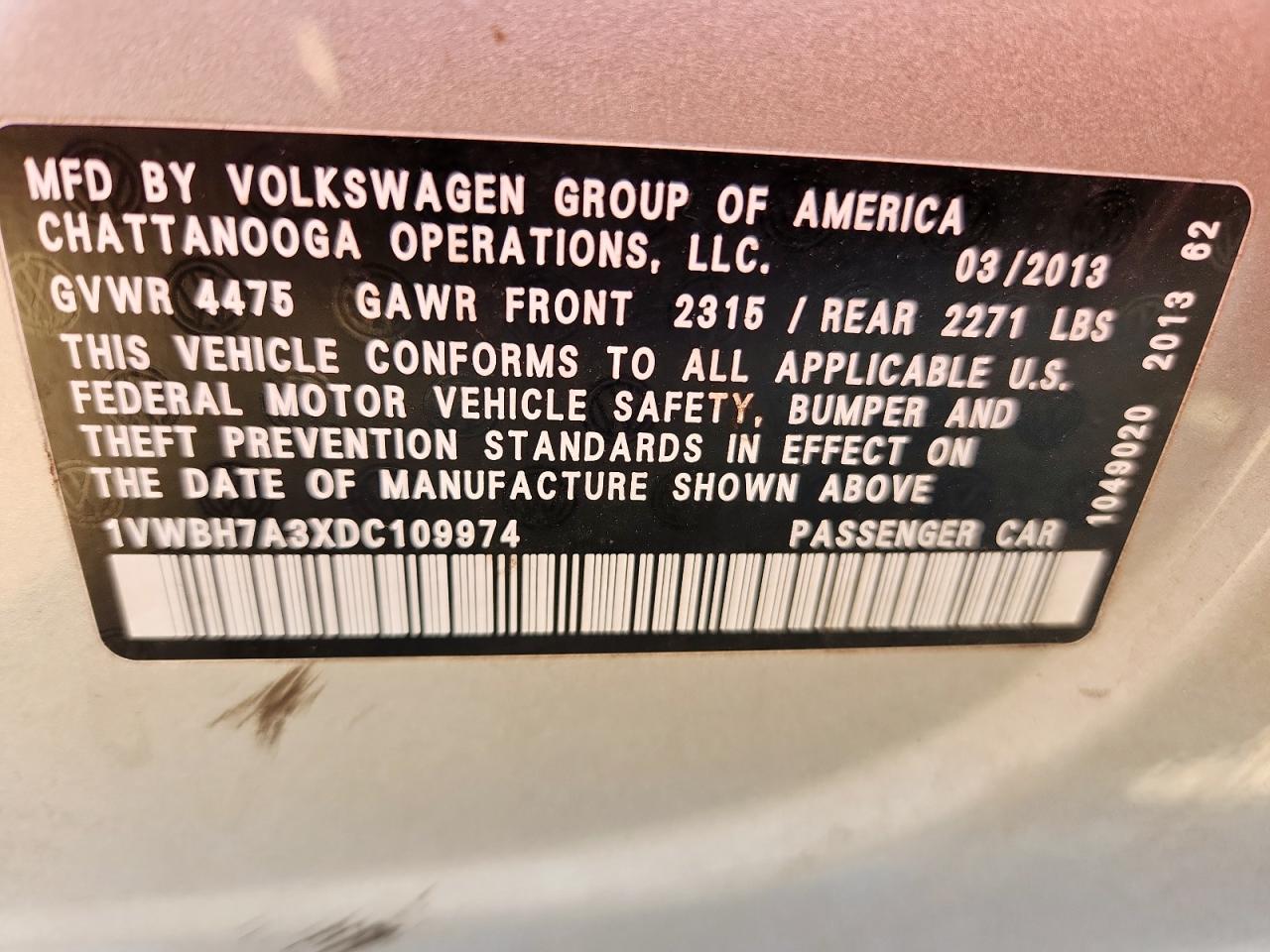 2013 Volkswagen Passat Se VIN: 1VWBH7A3XDC109974 Lot: 71859515