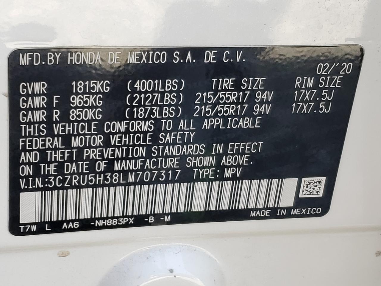 2020 Honda Hr-V Lx VIN: 3CZRU5H38LM707317 Lot: 81857085