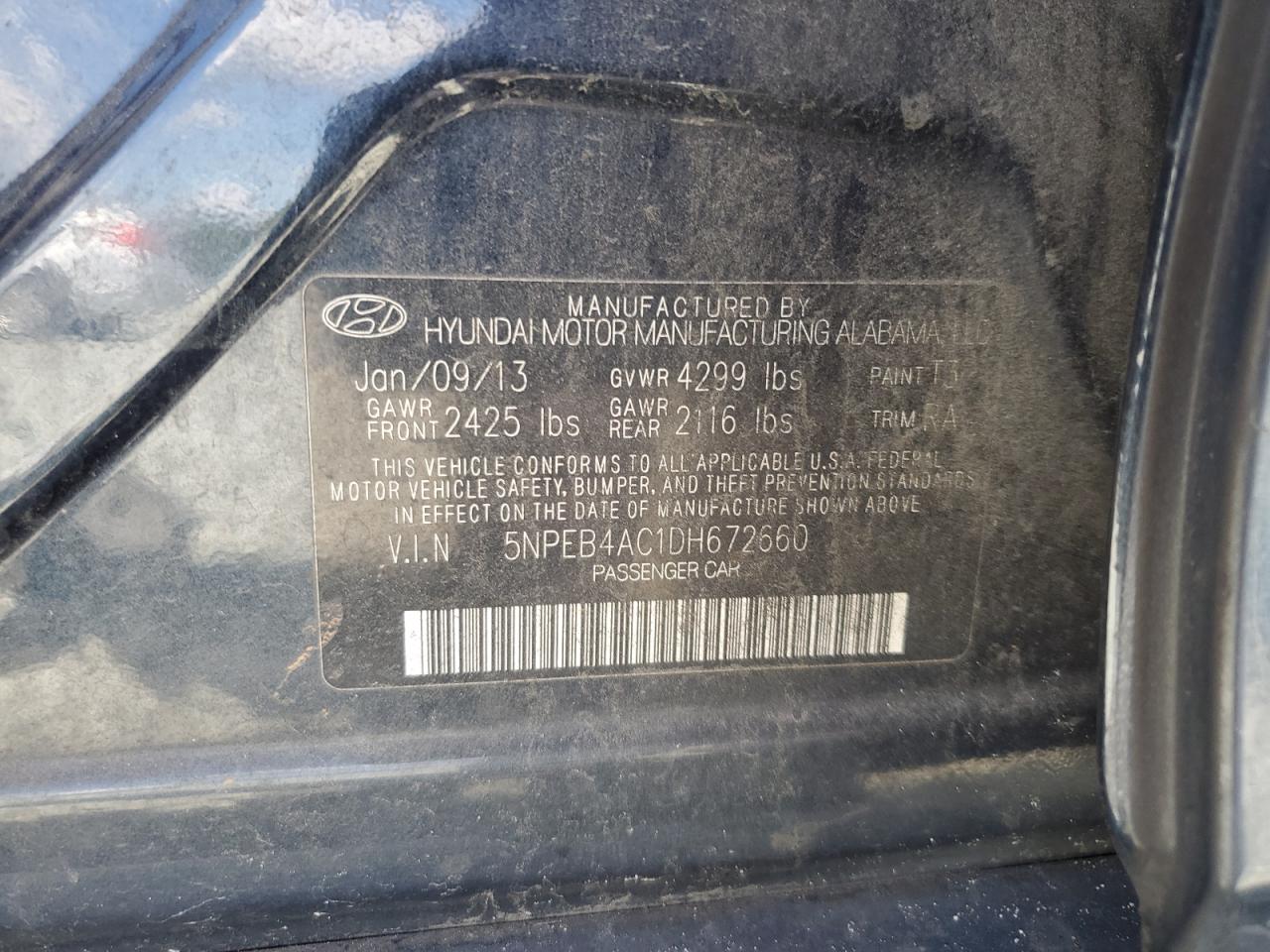 2013 Hyundai Sonata Gls VIN: 5NPEB4AC1DH672660 Lot: 80353205