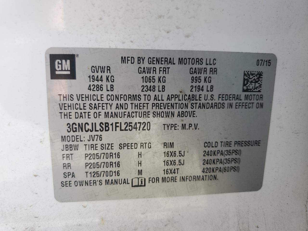 2015 Chevrolet Trax 1Lt VIN: 3GNCJLSB1FL254720 Lot: 81841295