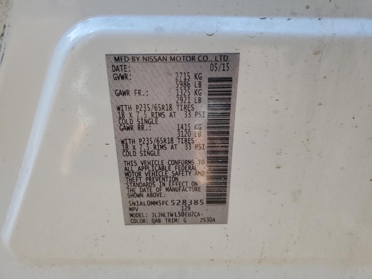 2015 Infiniti Qx60 VIN: 5N1AL0MM5FC528385 Lot: 71219375