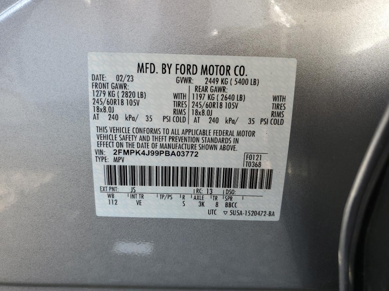 2023 Ford Edge Sel VIN: 2FMPK4J99PBA03772 Lot: 71403615