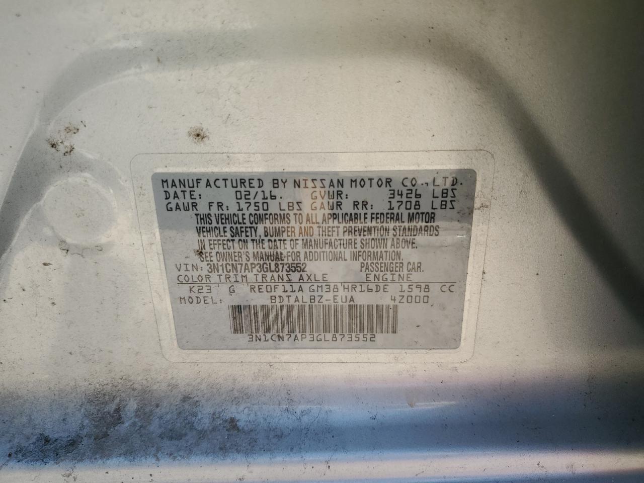 2016 Nissan Versa S VIN: 3N1CN7AP3GL873552 Lot: 71416455