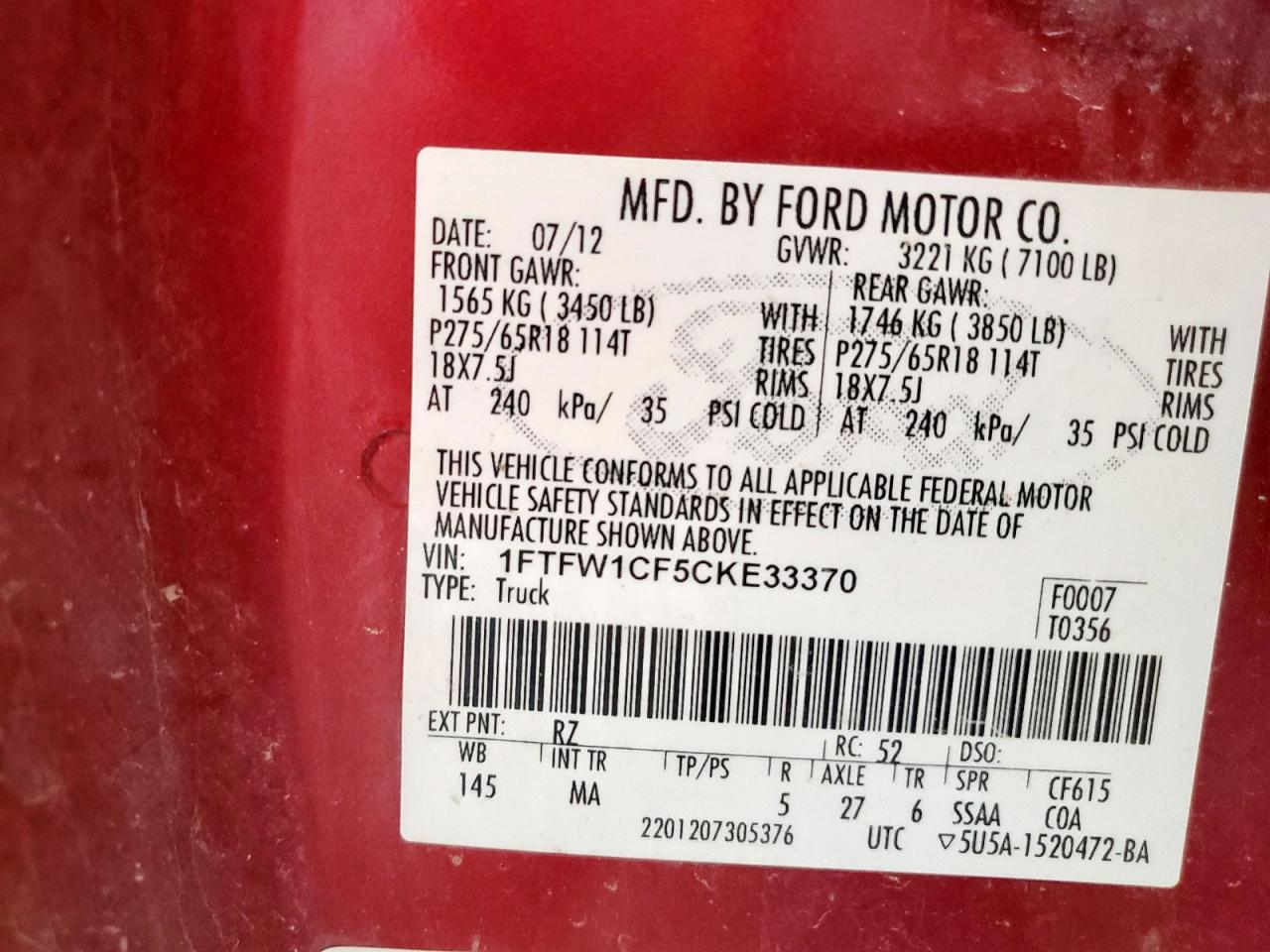 2012 Ford F150 Supercrew VIN: 1FTFW1CF5CKE33370 Lot: 70927925