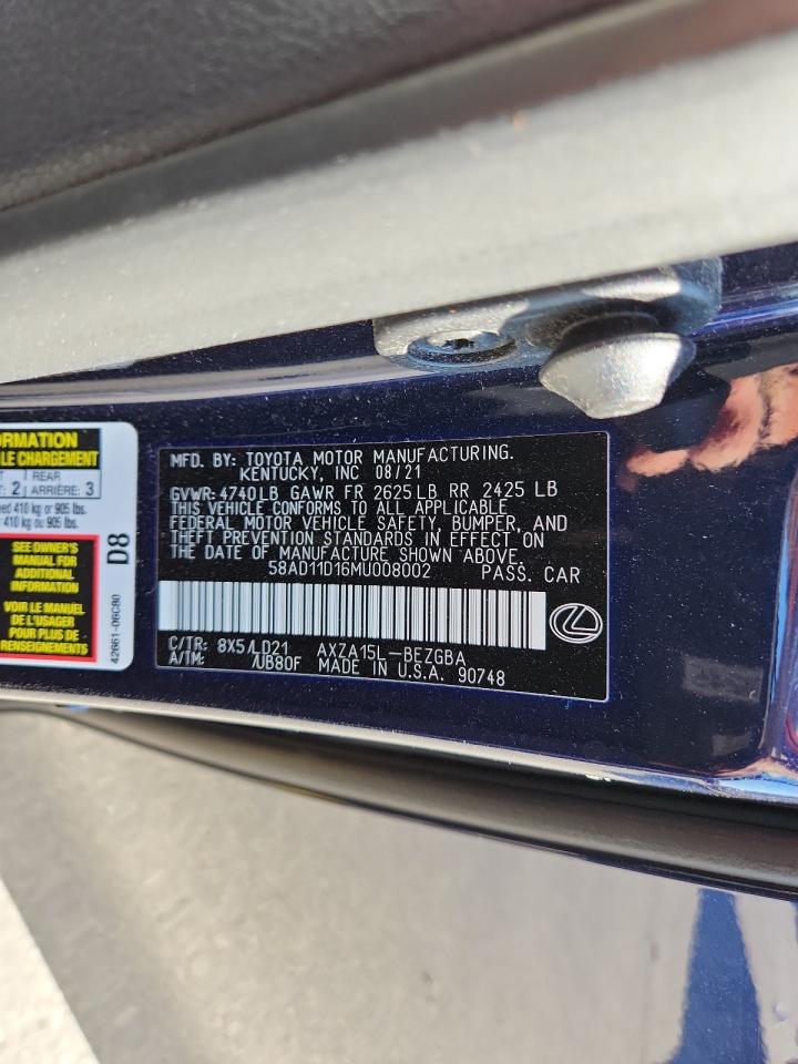 2021 Lexus Es 250 Base VIN: 58AD11D16MU008002 Lot: 71090015