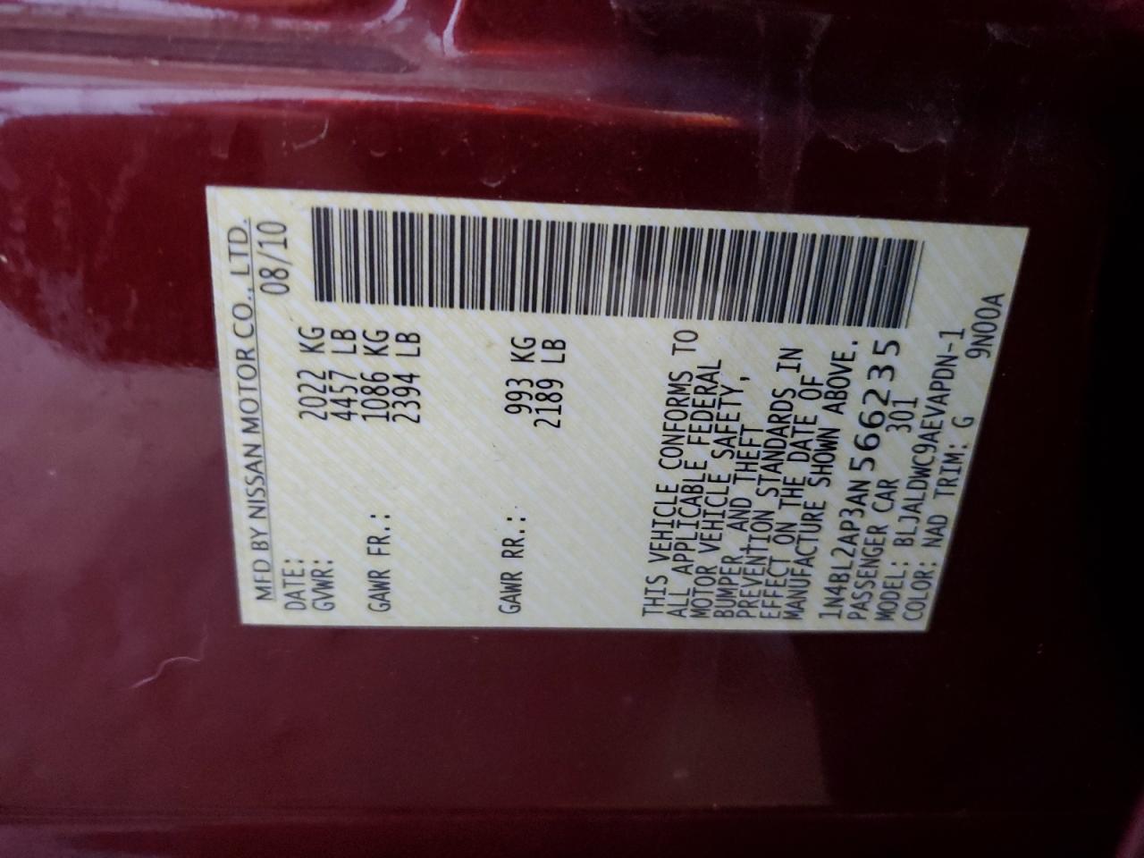 2010 Nissan Altima Sr VIN: 1N4BL2AP3AN566235 Lot: 81877755