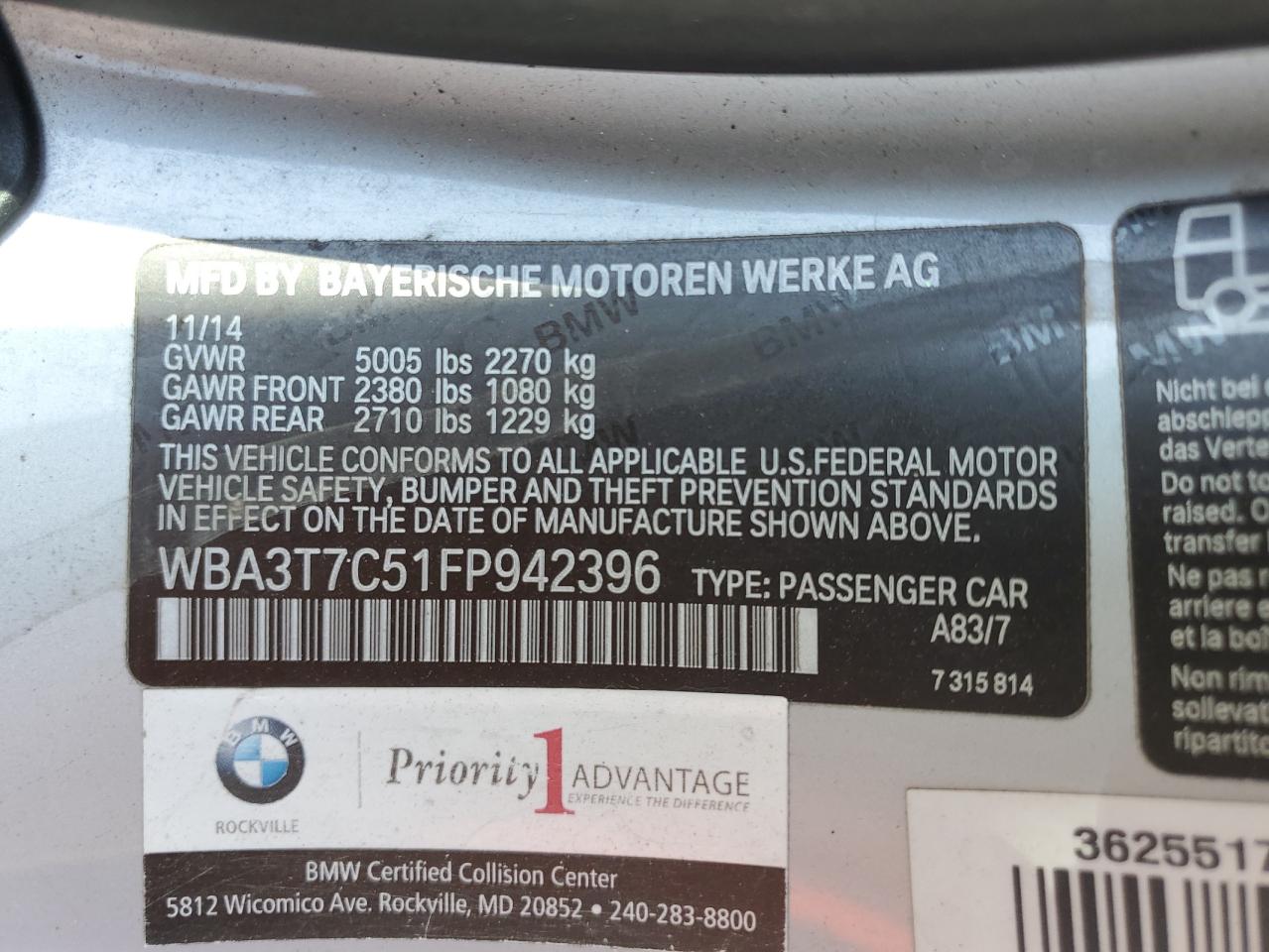 2015 BMW 435 Xi VIN: WBA3T7C51FP942396 Lot: 80263395