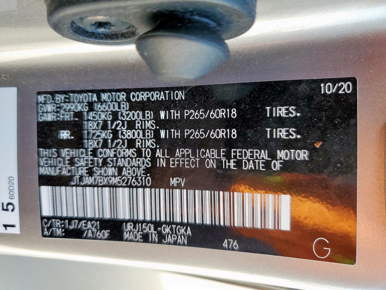 2021 Lexus Gx 460 Premium VIN: JTJAM7BX9M5276310 Lot: 84739285