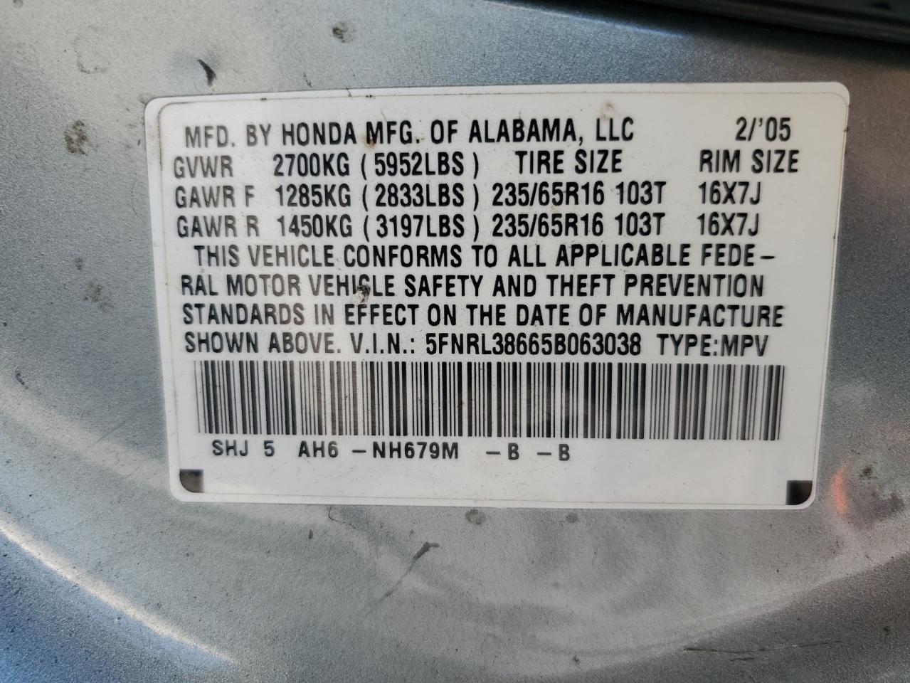 2005 Honda Odyssey Exl VIN: 5FNRL38665B063038 Lot: 81333345