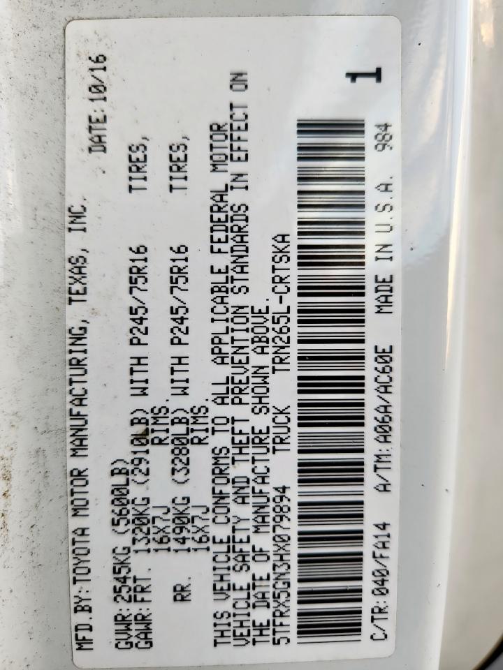 2017 Toyota Tacoma Access Cab VIN: 5TFRX5GN3HX079894 Lot: 84829485