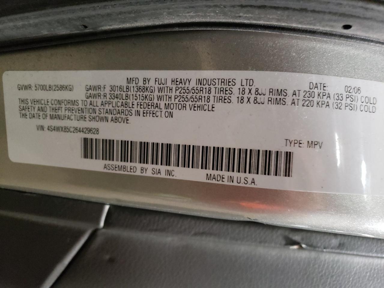 2006 Subaru B9 Tribeca 3.0 H6 VIN: 4S4WX85C264429628 Lot: 81286895