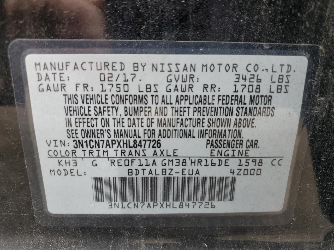 2017 Nissan Versa S VIN: 3N1CN7APXHL847726 Lot: 81668965