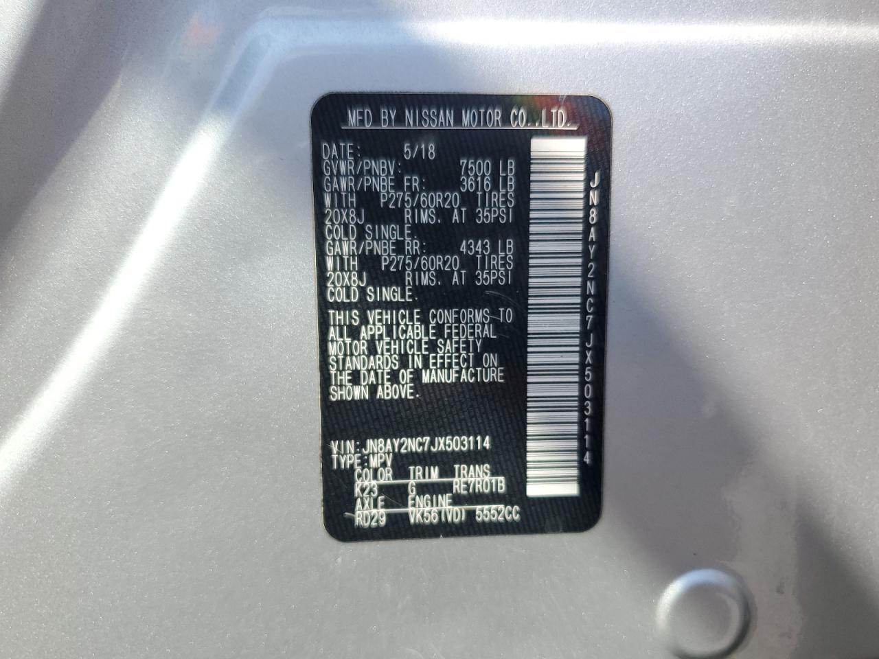 2018 Nissan Armada Sv VIN: JN8AY2NC7JX503114 Lot: 80712885