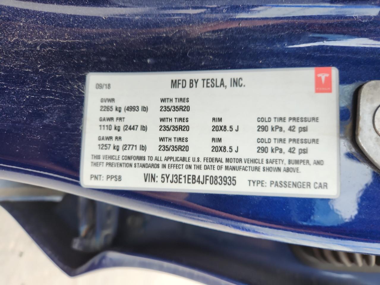 2018 Tesla Model 3 VIN: 5YJ3E1EB4JF083935 Lot: 84578775