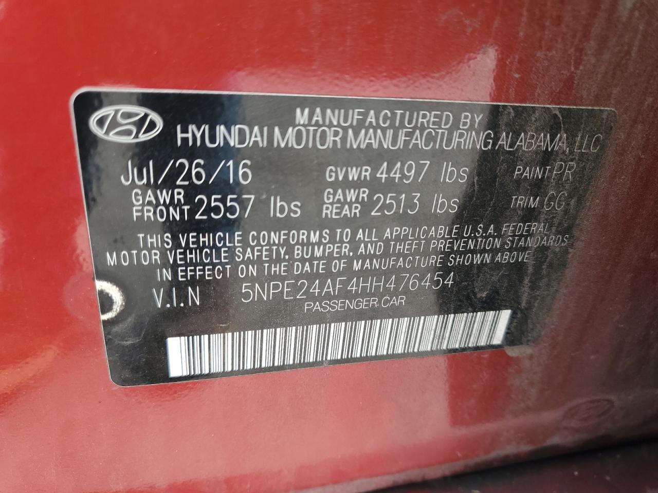 2017 Hyundai Sonata Se VIN: 5NPE24AF4HH476454 Lot: 81774095