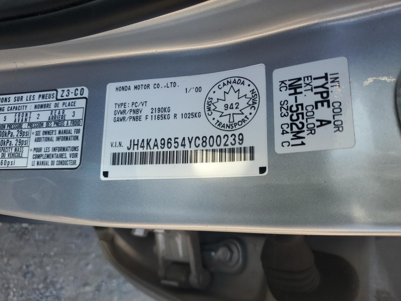 2000 Acura 3.5Rl VIN: JH4KA9654YC800239 Lot: 80409915