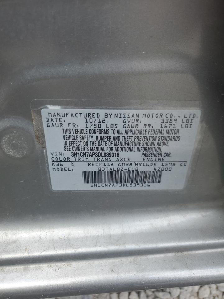 2013 Nissan Versa S VIN: 3N1CN7AP3DL839316 Lot: 71435855