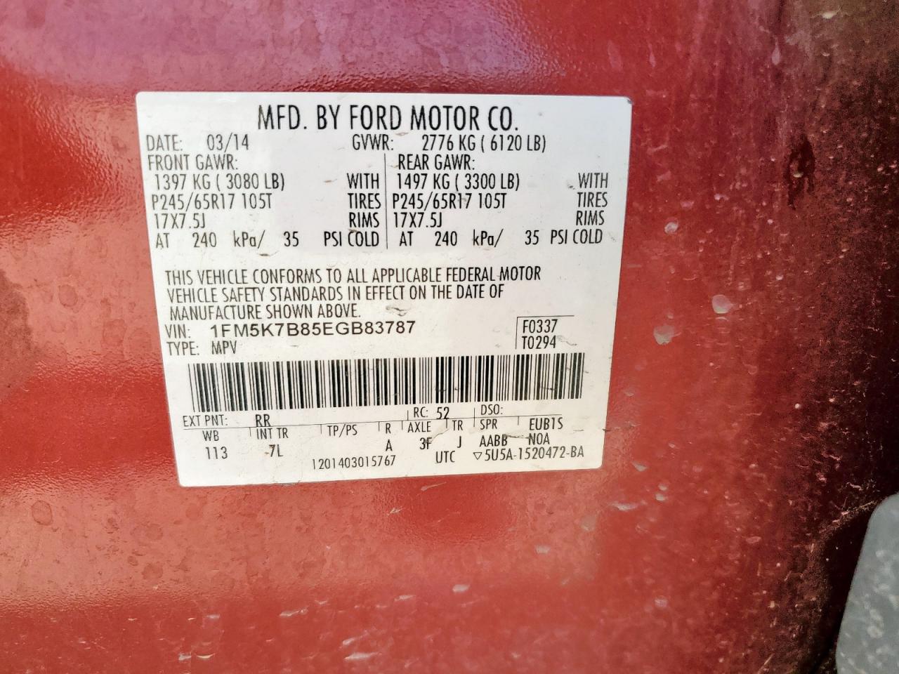 2014 Ford Explorer VIN: 1FM5K7B85EGB8378 Lot: 80727505