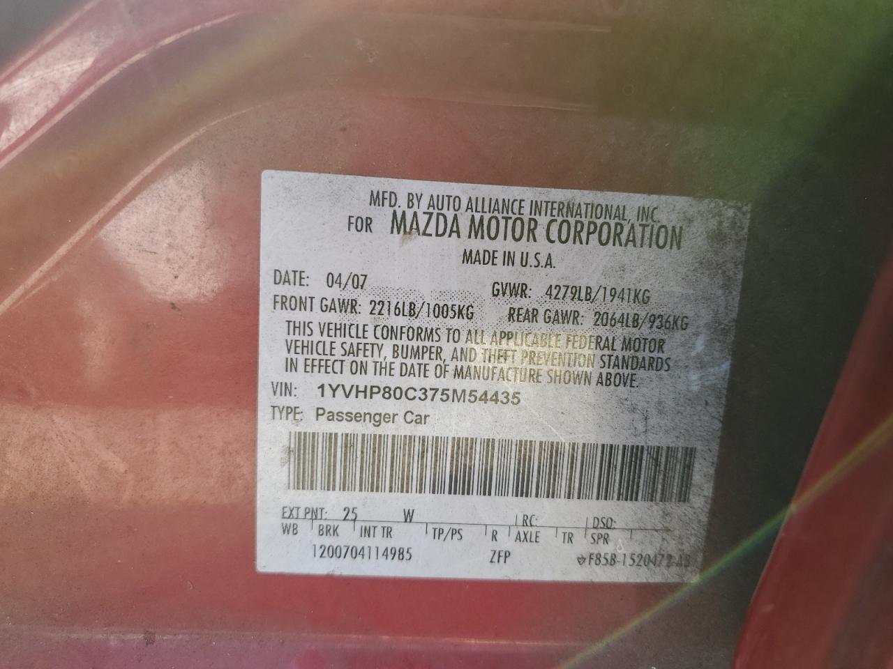 2007 Mazda 6 I VIN: 1YVHP80C375M54435 Lot: 81018005