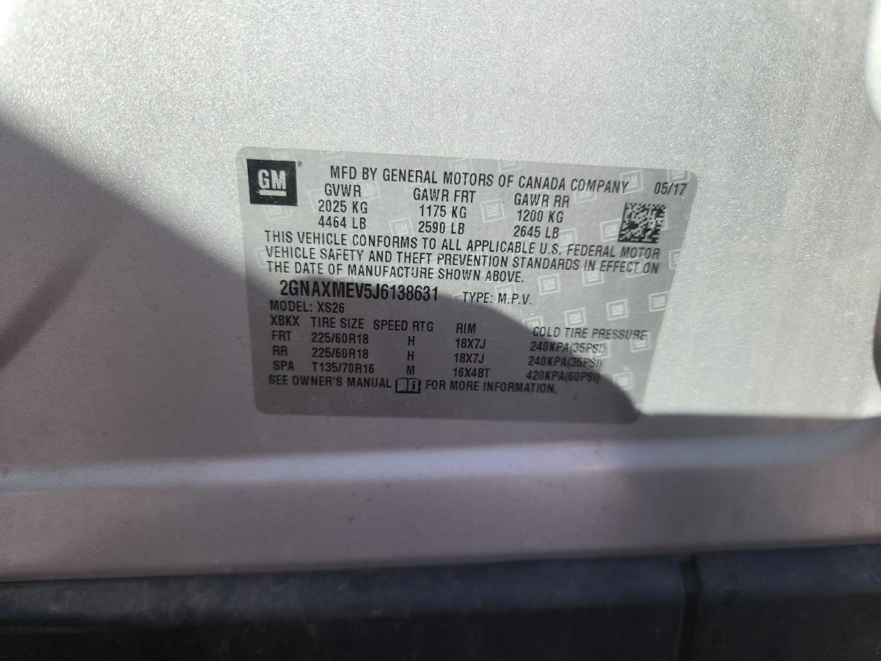 2018 Chevrolet Equinox Premier VIN: 2GNAXMEV5J6138631 Lot: 81776555