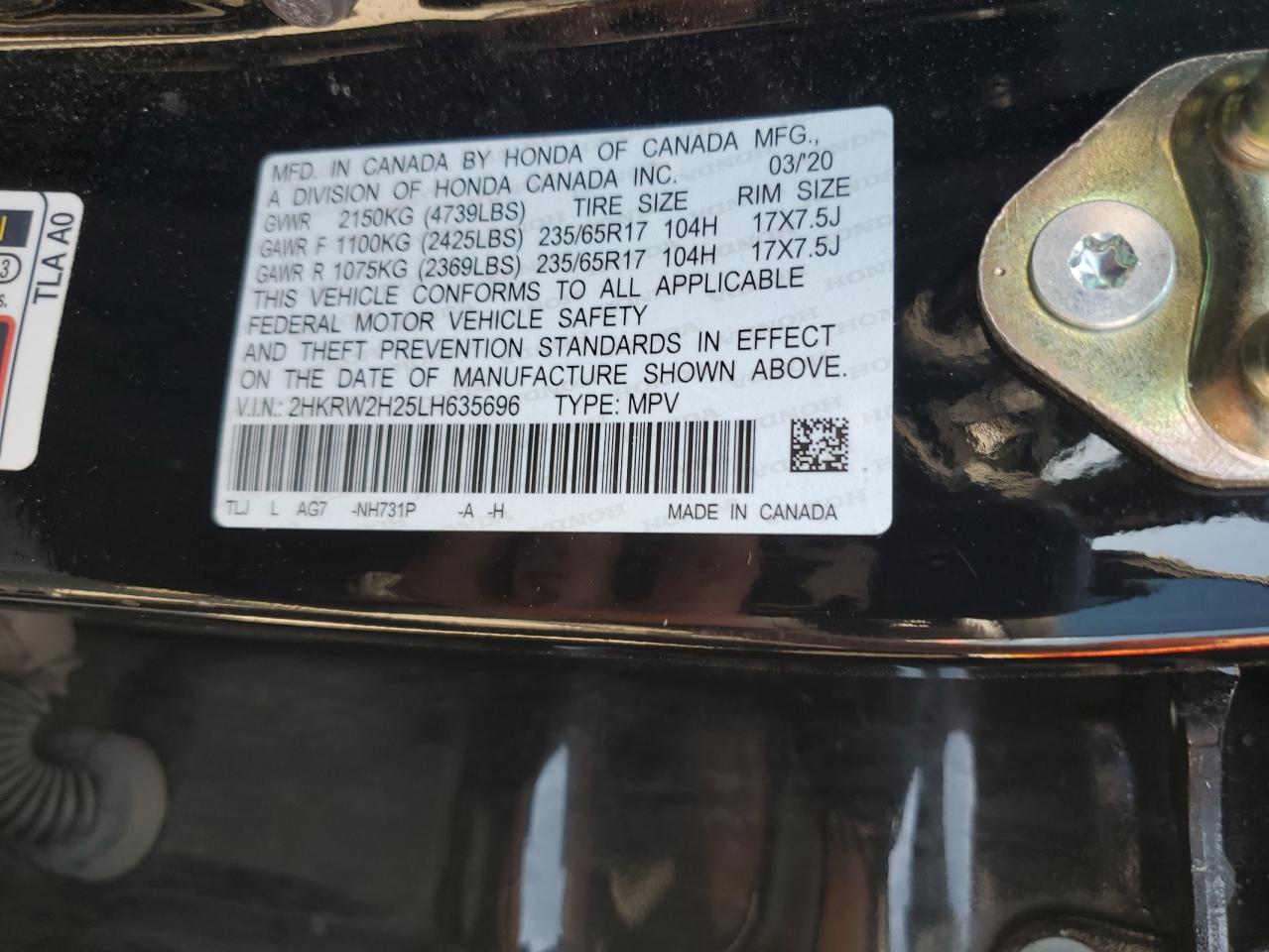 2020 Honda Cr-V Lx VIN: 2HKRW2H25LH635696 Lot: 81055415