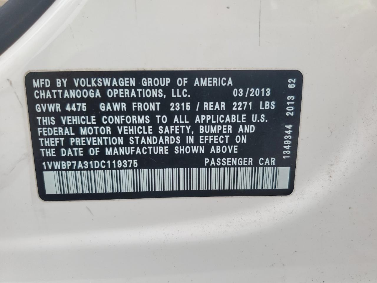 2013 Volkswagen Passat Se VIN: 1VWBP7A31DC119375 Lot: 84632415