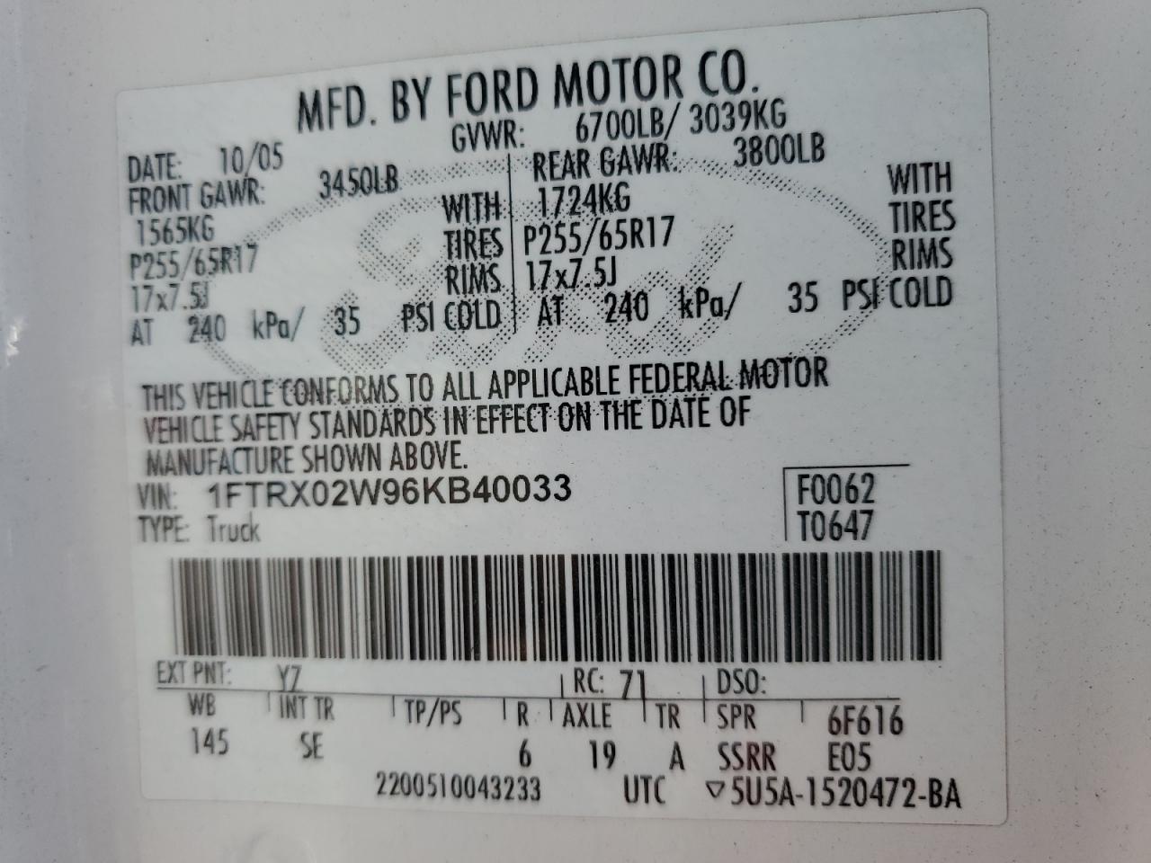 2006 Ford F150 VIN: 1FTRX02W96KB40033 Lot: 80413095
