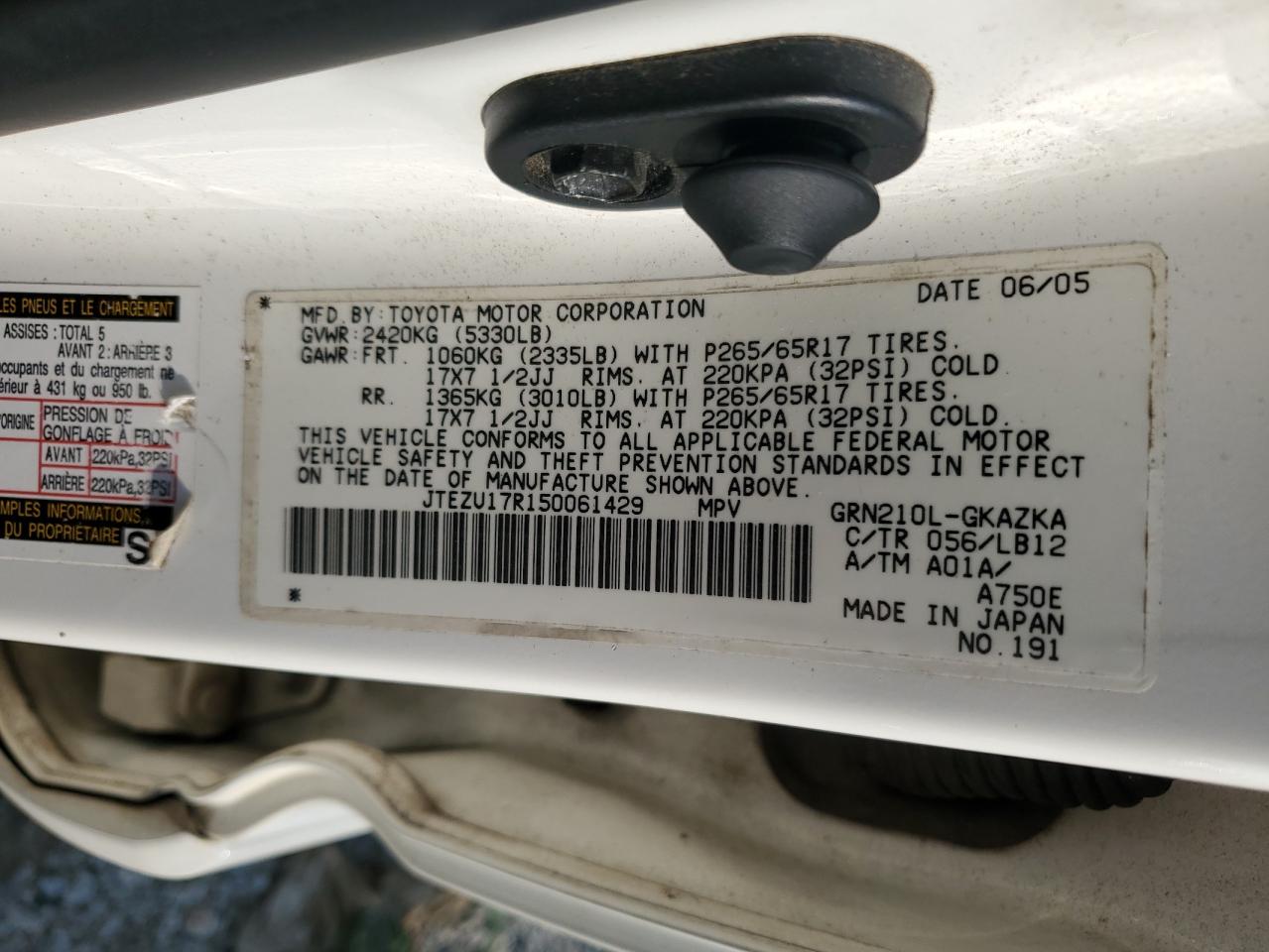 2005 Toyota 4Runner Limited VIN: JTEZU17R150061429 Lot: 80864675