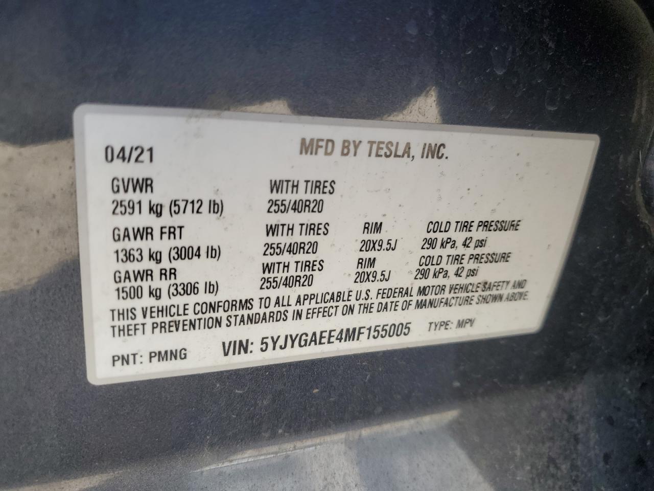 2021 Tesla Model Y VIN: 5YJYGAEE4MF155005 Lot: 72056425
