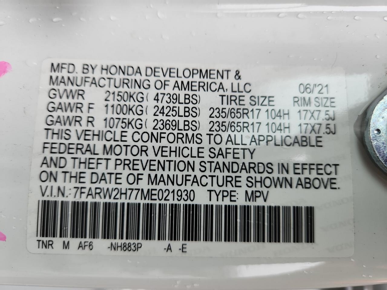 2021 Honda Cr-V Se VIN: 7FARW2H77ME021930 Lot: 81694655