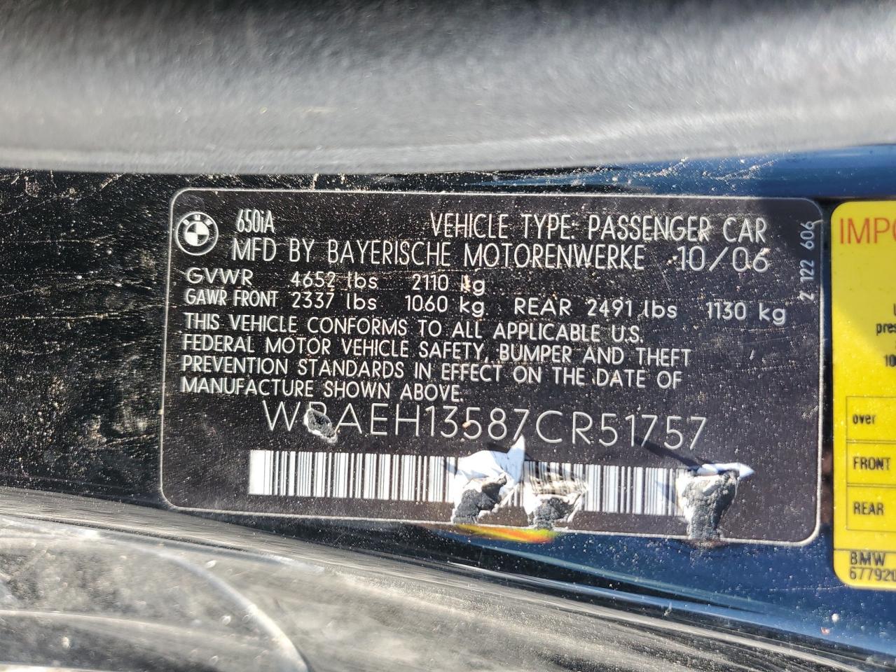 2007 BMW 650 I VIN: WBAEH13587CR51757 Lot: 81856545