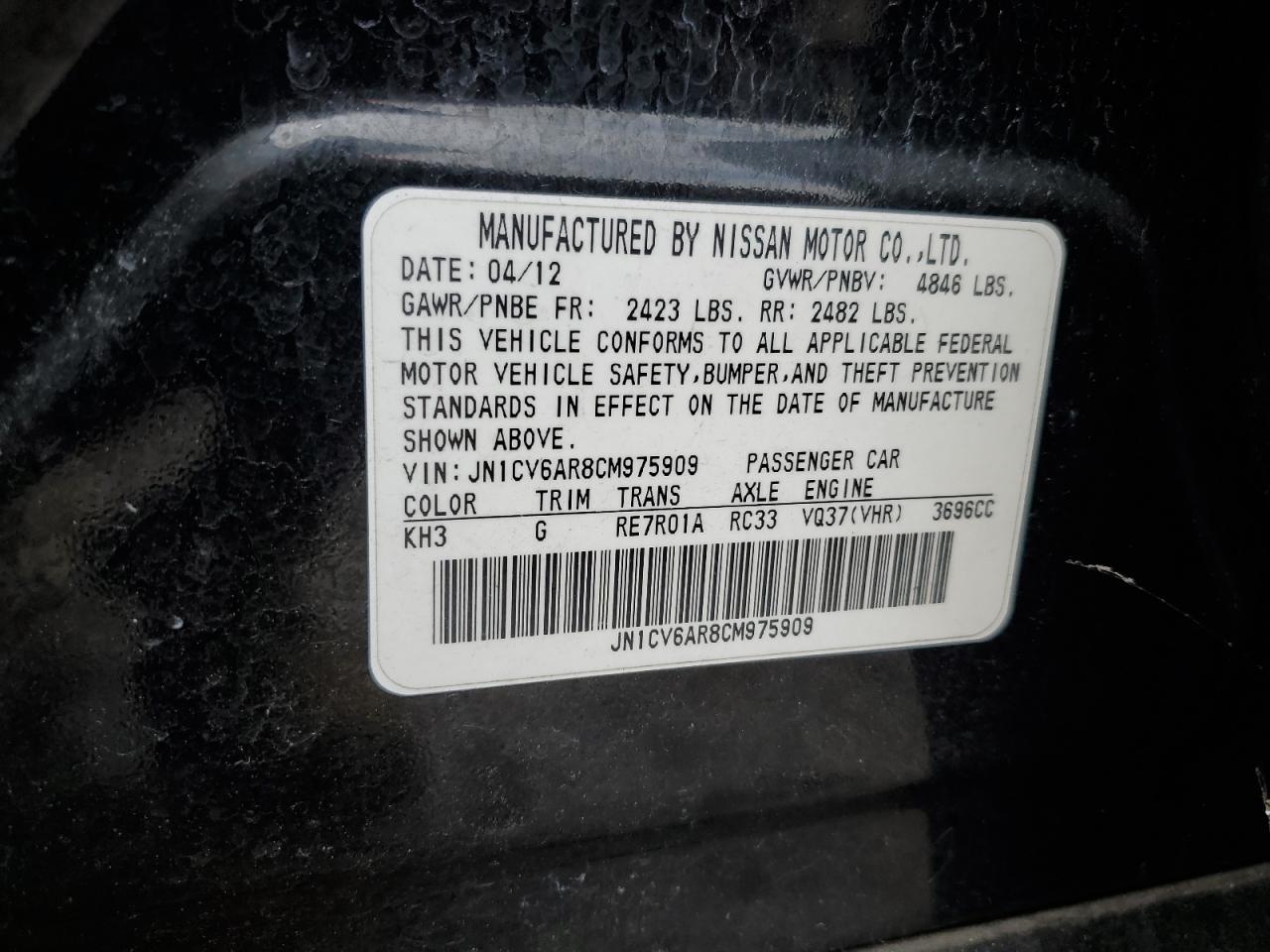 2012 Infiniti G37 VIN: JN1CV6AR8CM975909 Lot: 80167525