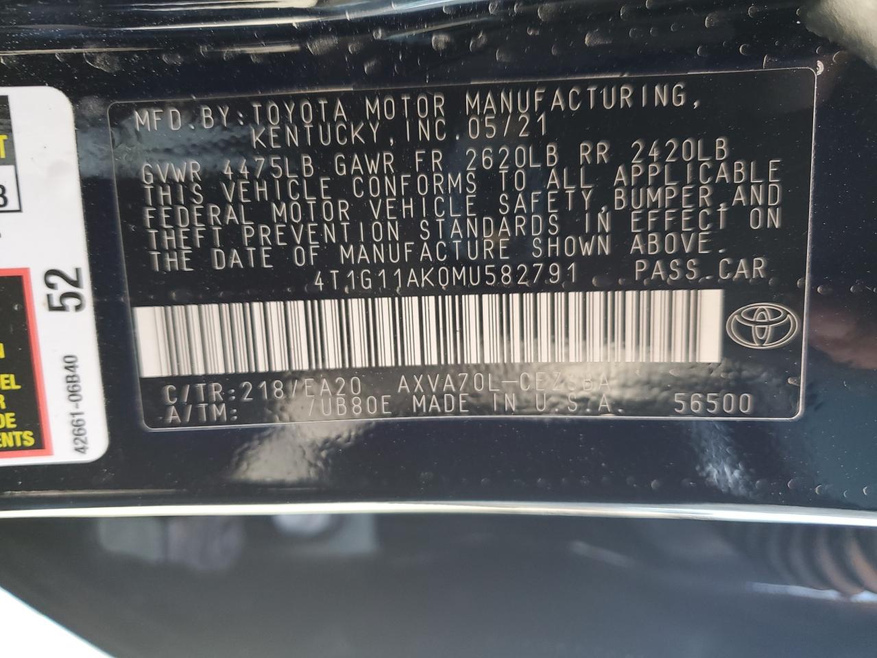 2021 Toyota Camry Se VIN: 4T1G11AK0MU582791 Lot: 82136305