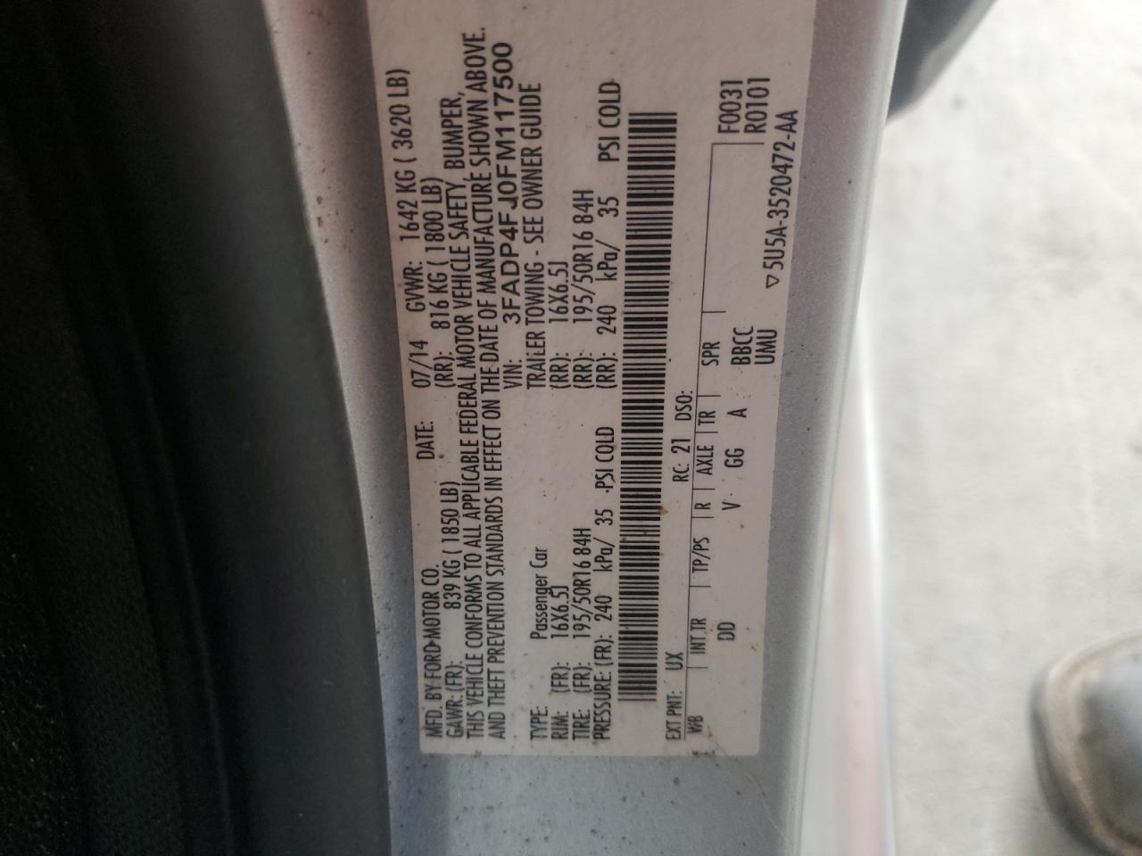 2015 Ford Fiesta Titanium VIN: 3FADP4FJ0FM117500 Lot: 81633335