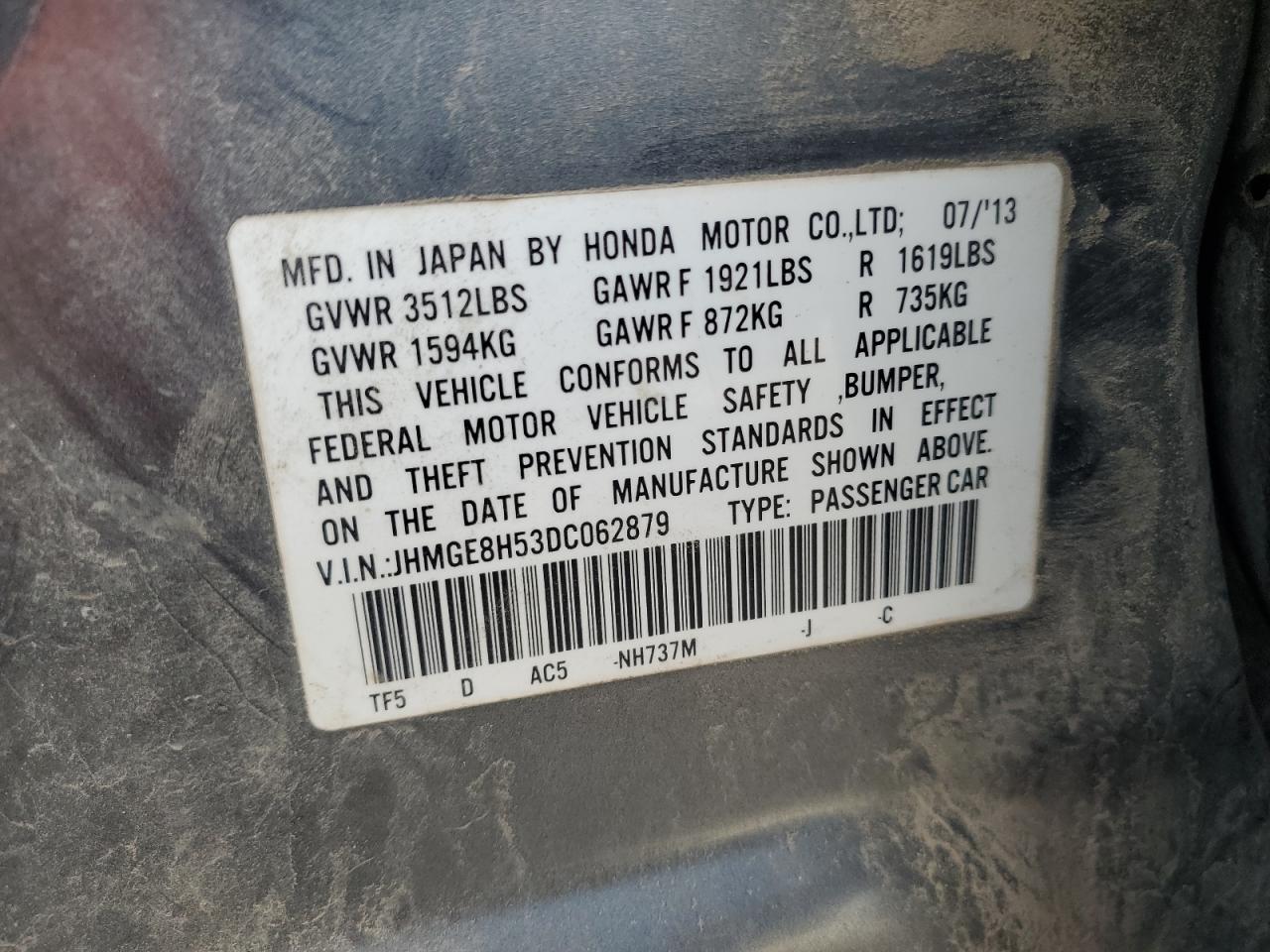 2013 Honda Fit Sport VIN: JHMGE8H53DC062879 Lot: 84019215