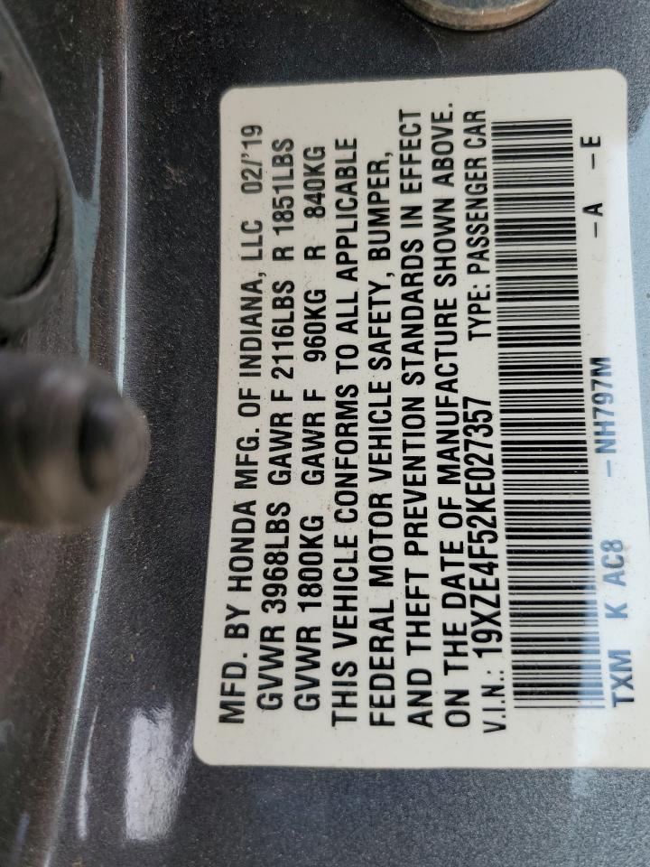 2019 Honda Insight Ex VIN: 19XZE4F52KE027357 Lot: 80738285