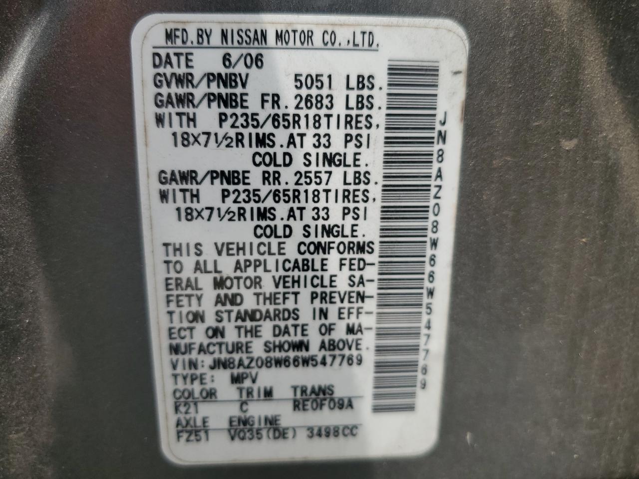 2006 Nissan Murano Sl VIN: JN8AZ08W66W547769 Lot: 71808385