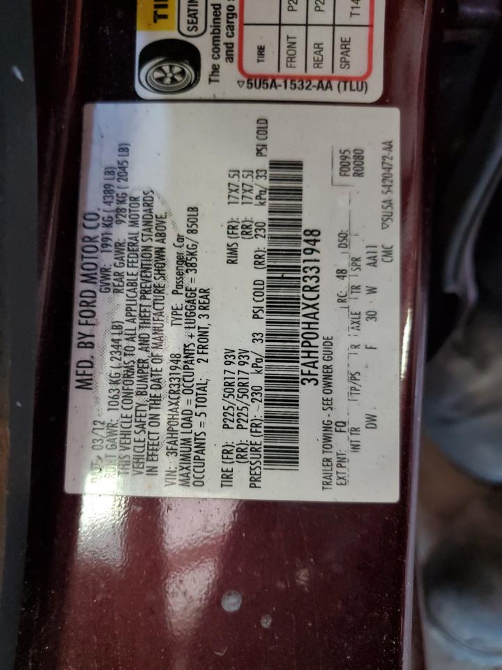 2012 Ford Fusion Se VIN: 3FAHP0HAXCR331948 Lot: 81587845