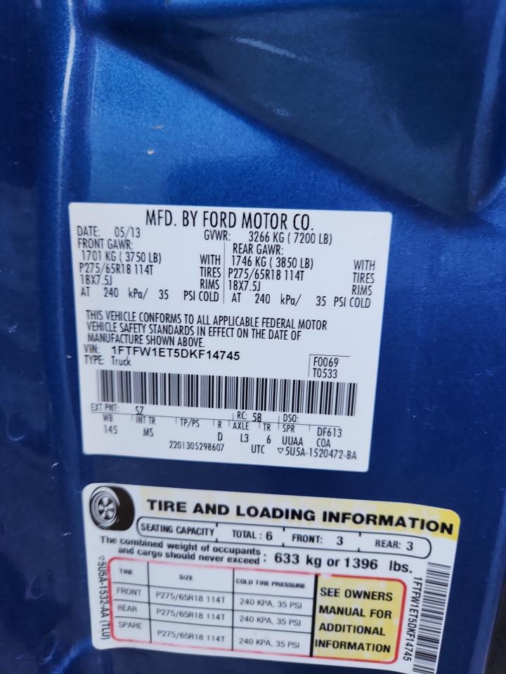 2013 Ford F150 Supercrew VIN: 1FTFW1ET5DKF14745 Lot: 80898095