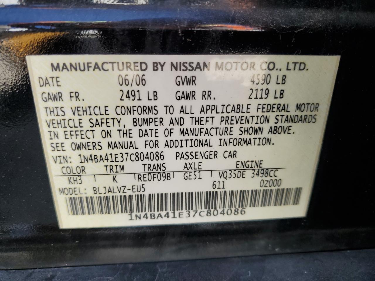 2007 Nissan Maxima Se VIN: 1N4BA41E37C804086 Lot: 81846435