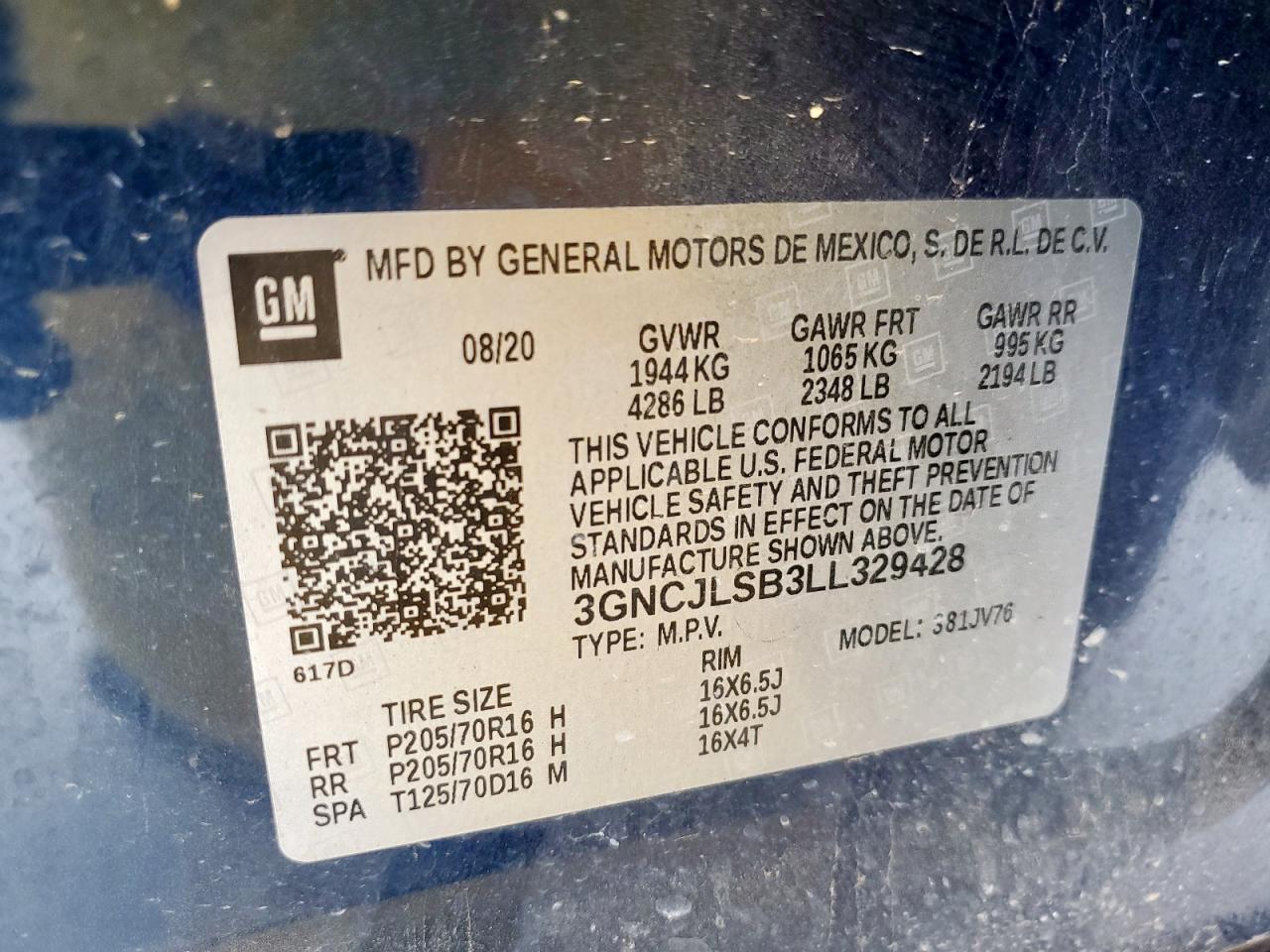 2020 Chevrolet Trax 1Lt VIN: 3GNCJLSB3LL329428 Lot: 81924385