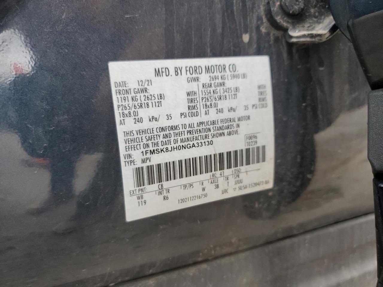 2022 Ford Explorer Timberline VIN: 1FMSK8JH0NGA33130 Lot: 80117065