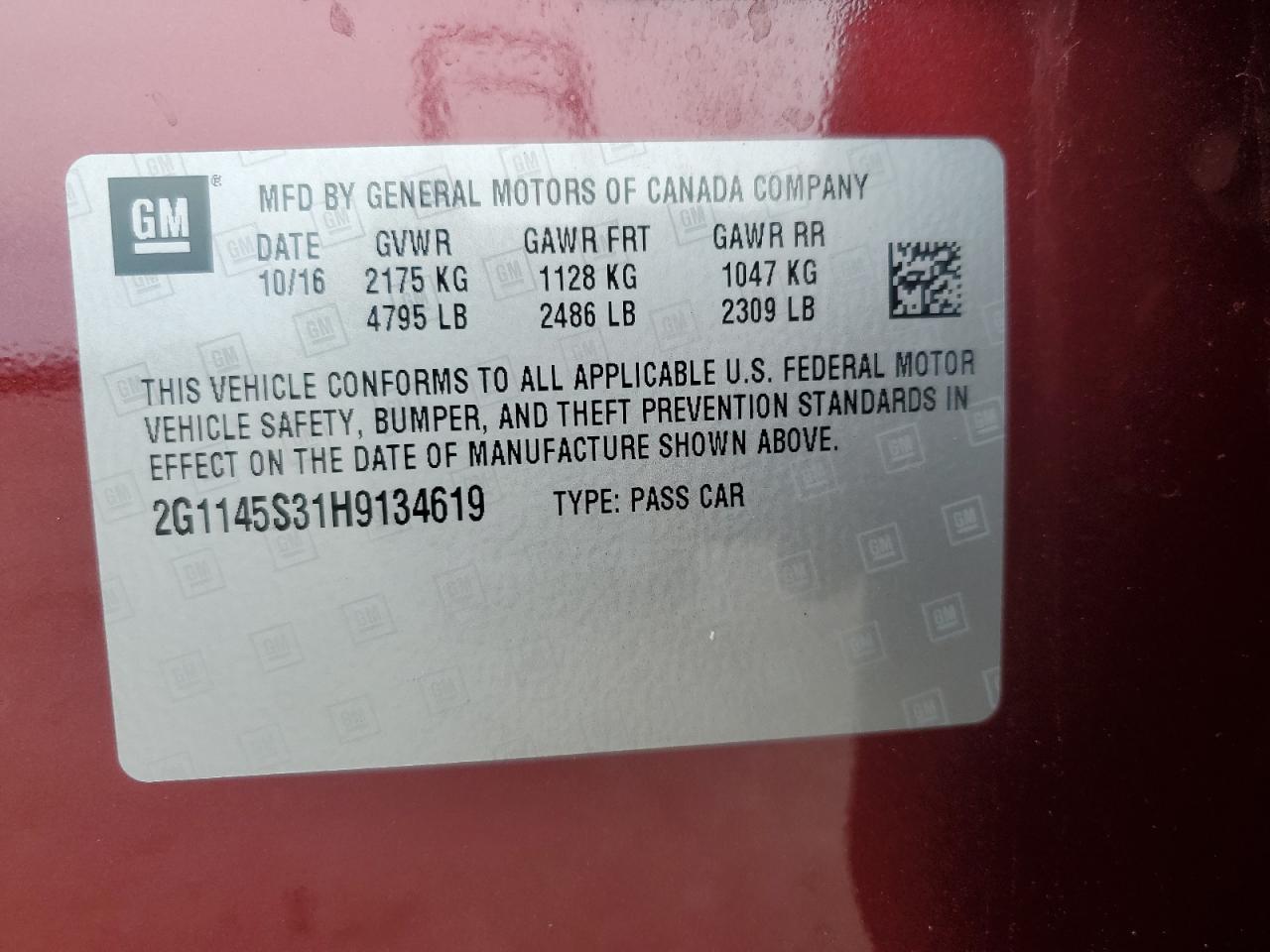 2017 Chevrolet Impala Premier VIN: 2G1145S31H9134619 Lot: 81883755