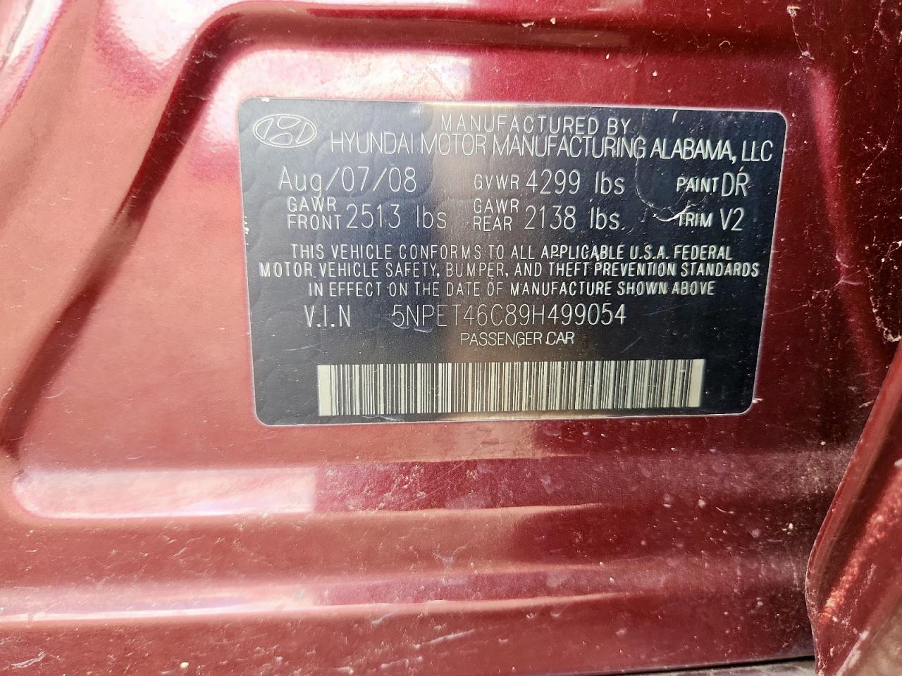 2009 Hyundai Sonata Gls VIN: 5NPET46C89H499054 Lot: 81323155