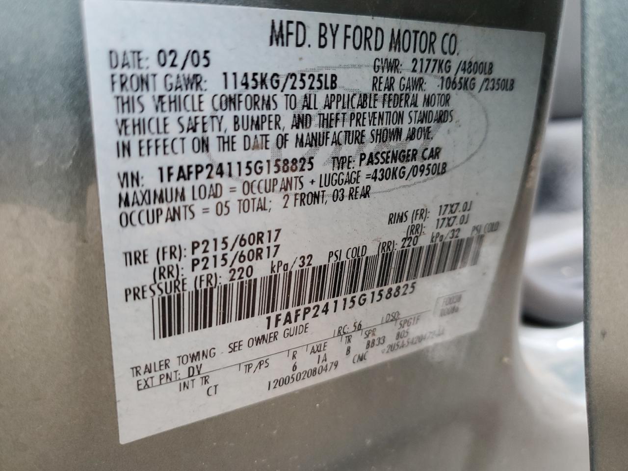 2005 Ford Five Hundred Sel VIN: 1FAFP24115G158825 Lot: 80198605