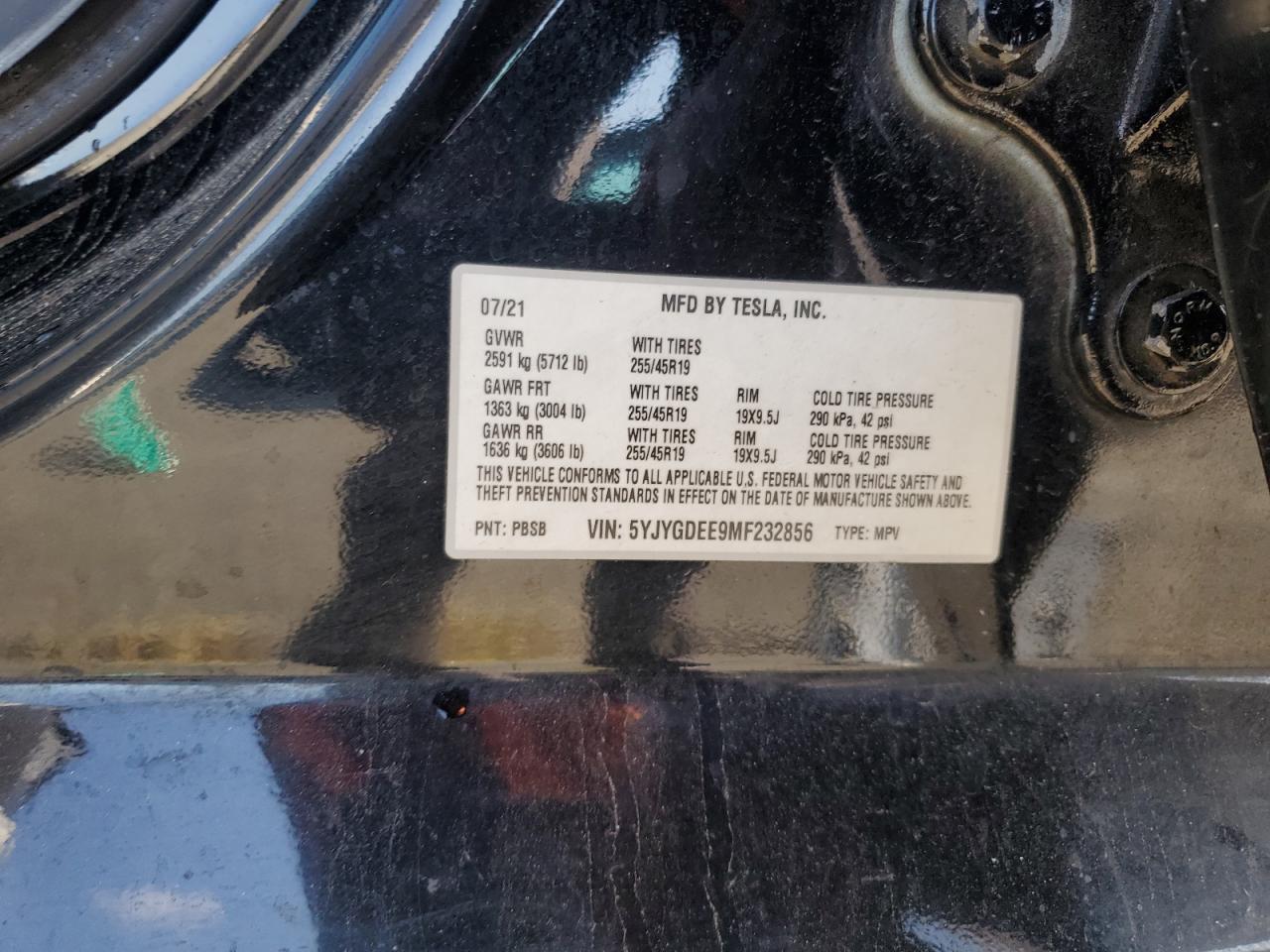 2021 Tesla Model Y VIN: 5YJYGDEE9MF232856 Lot: 71207785