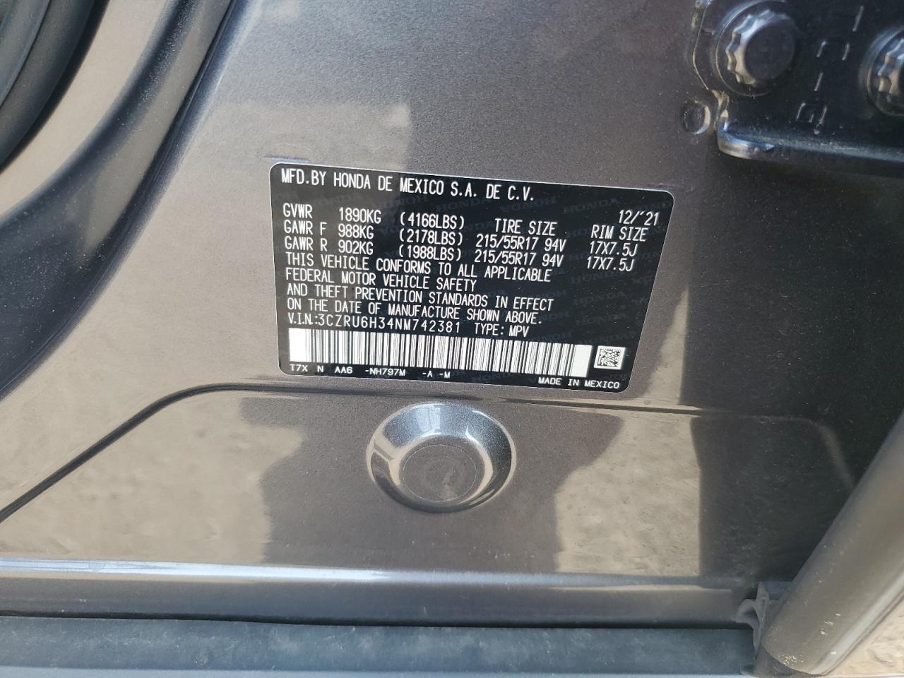 2022 Honda Hr-V Lx VIN: 3CZRU6H34NM742381 Lot: 81579345