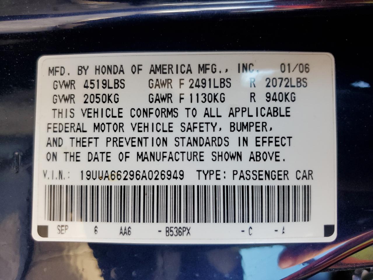 2006 Acura 3.2Tl VIN: 19UUA66296A026949 Lot: 81392985